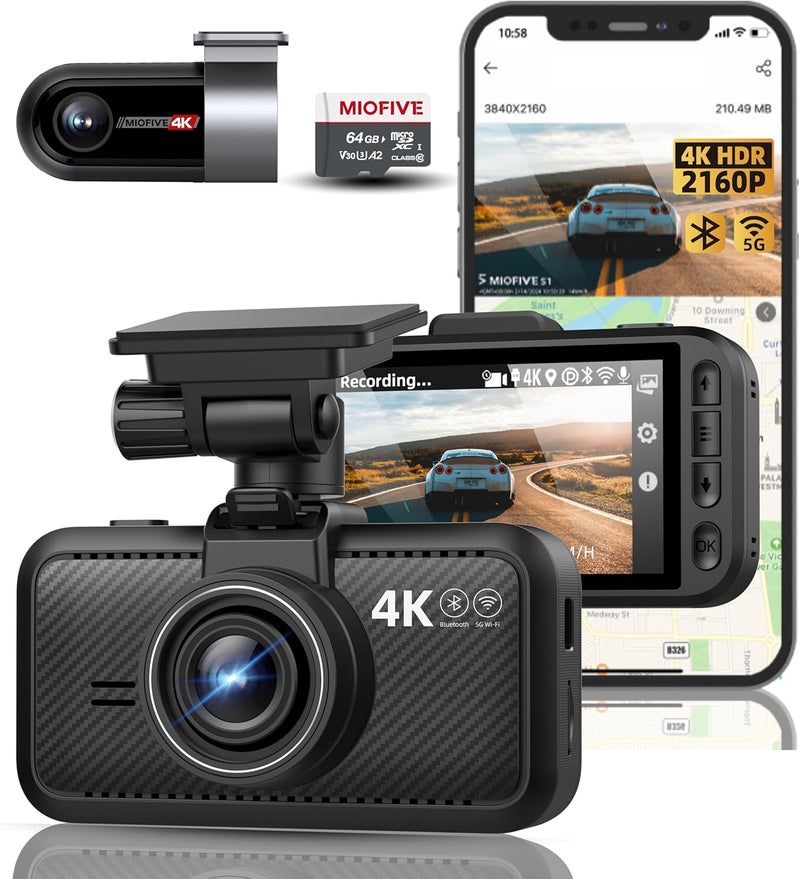 MIOFIVE Dash Cam Car Front Rear 4K+4K WiFi Bluetooth Dash Cam with 64GB SD Card, Dual Car Camera with Parking Monitoring, Super Night Vision, HDR, G-Sensor, Loop Recording, App Control, Max 512GB - Image 1